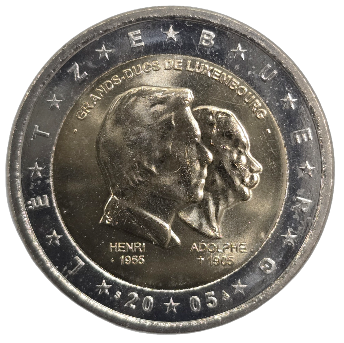 2 euros conmemorativa 50º Aniversario del gran duque Enrique, 5º aniversario de su entronización y centenario del fallecimiento del gran duque Adolfo Año 2005